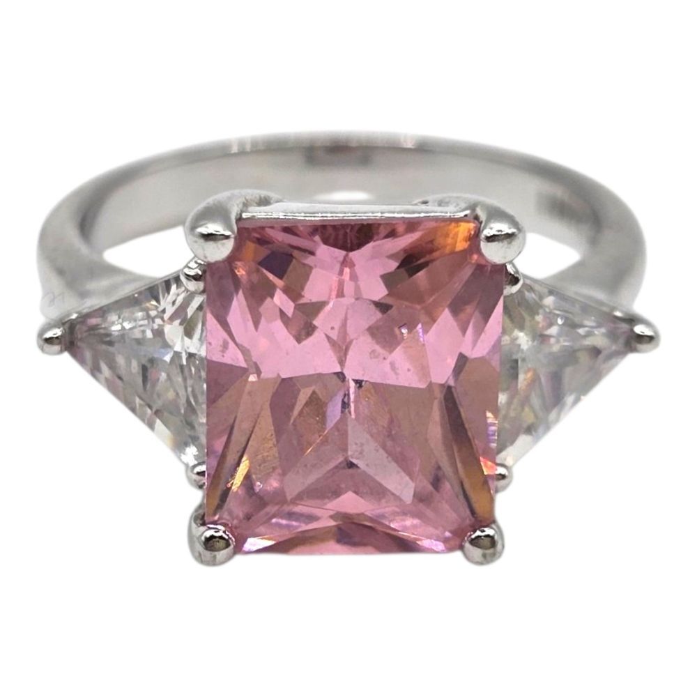 Heera Moti HMI Sterling Silver 3-Stone Radiant Cut Pink Topaz CZ Cocktail Ring